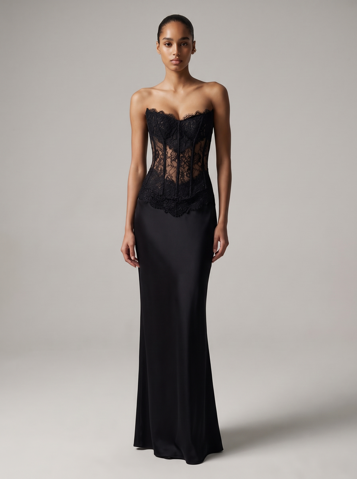 Lace and satin corset maxi dress