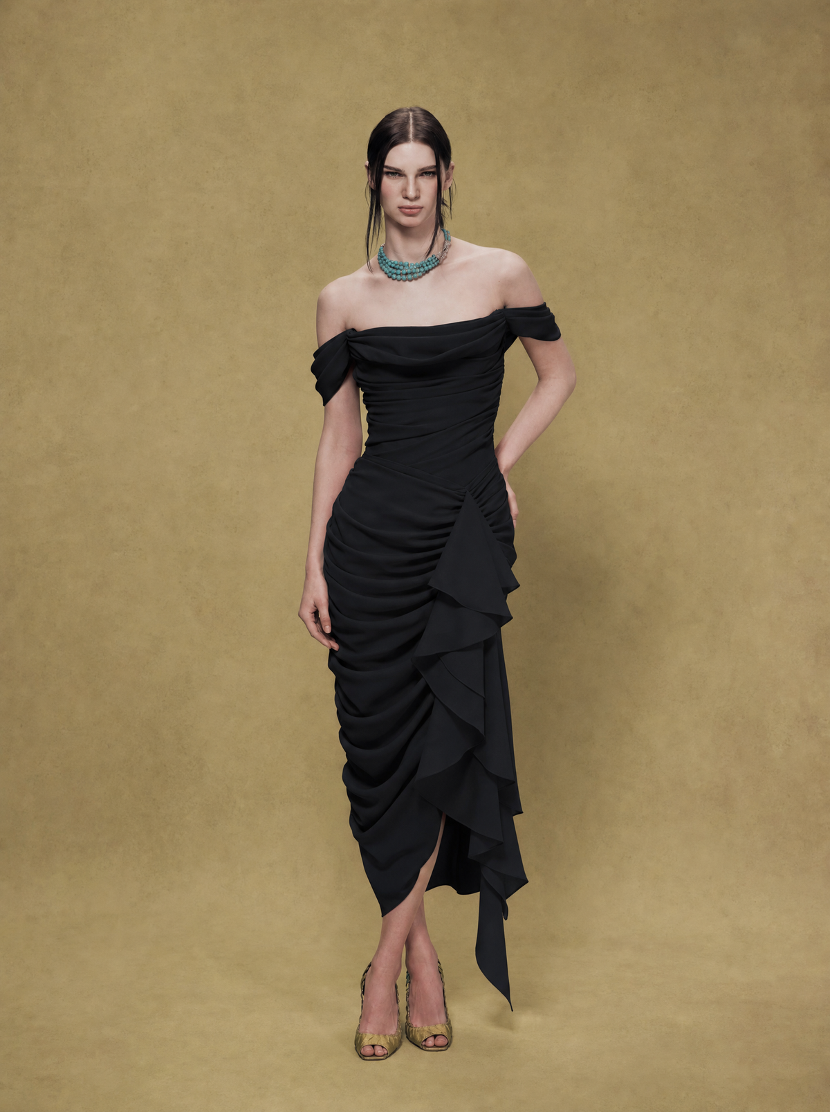 Off-shoulder dress with draping