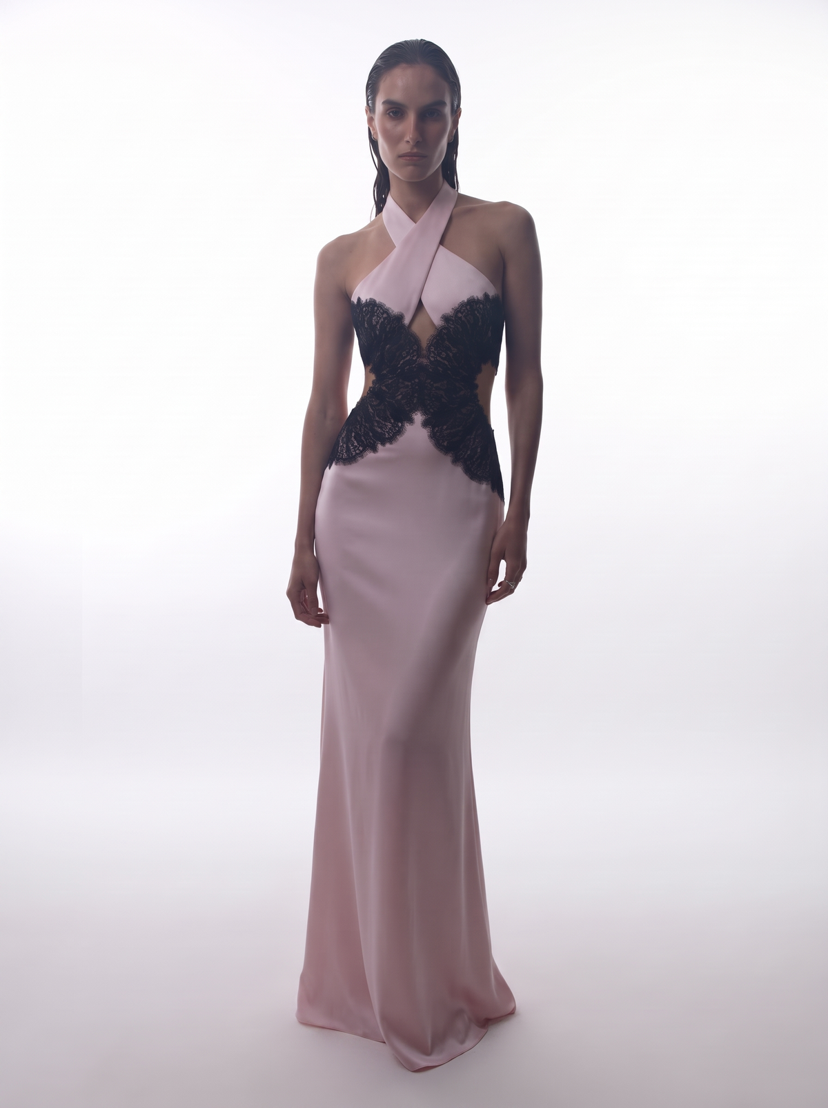 Halterneck satin and lace maxi dress with cutouts