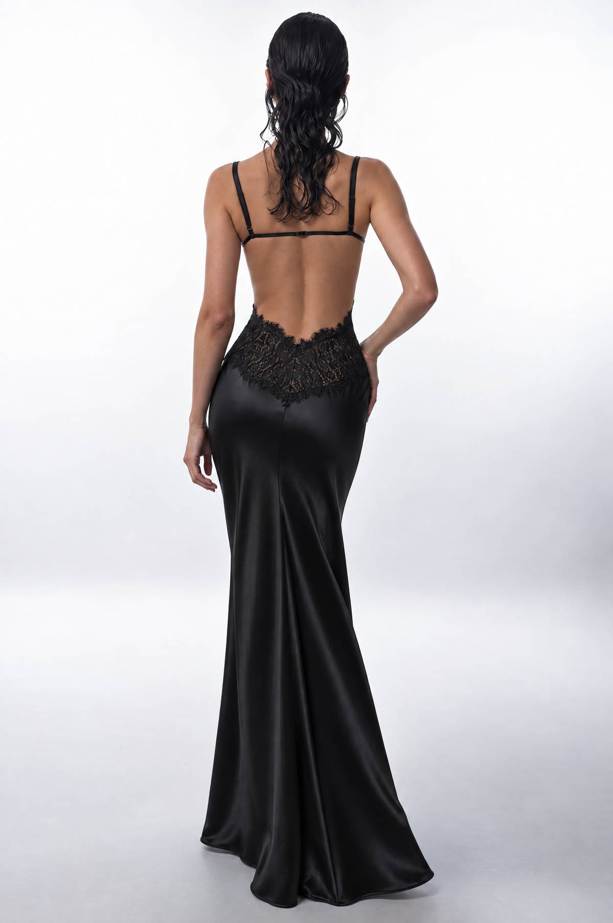 Satin and lace maxi dress with cutouts