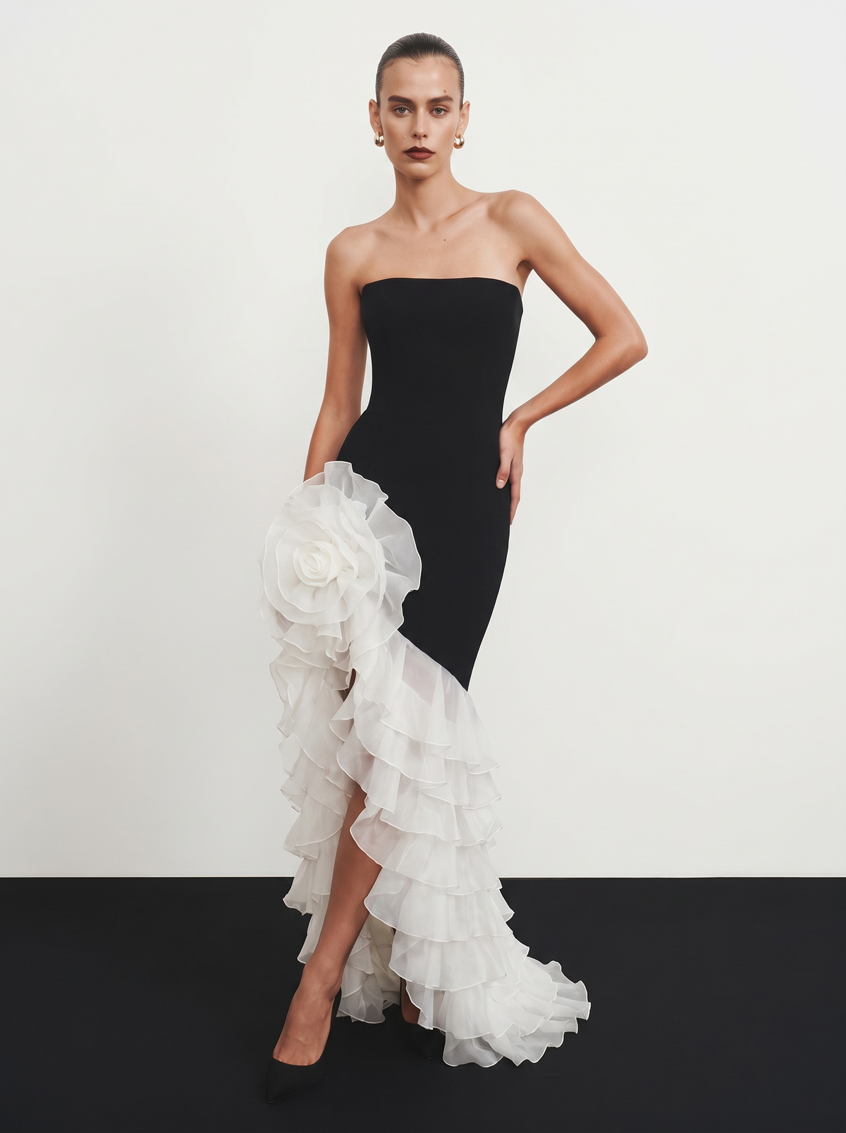 Crepe and chiffon maxi dress with a voluminous flower