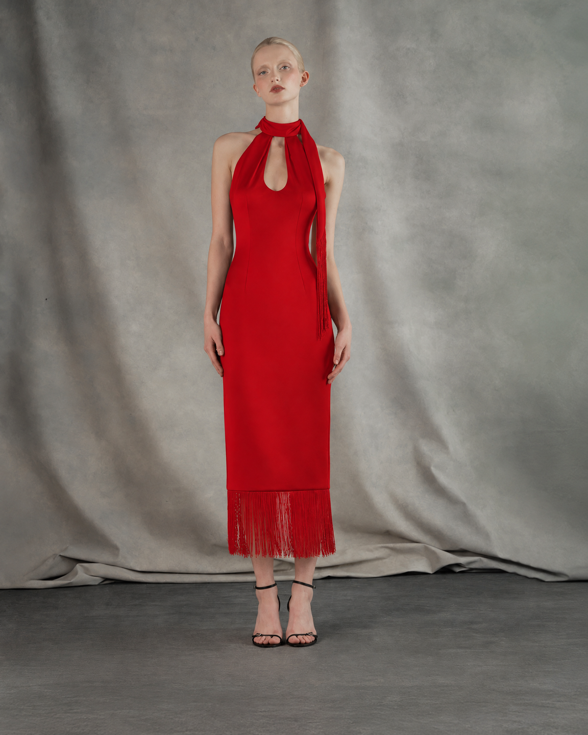 Satin midi dress with fringe trim