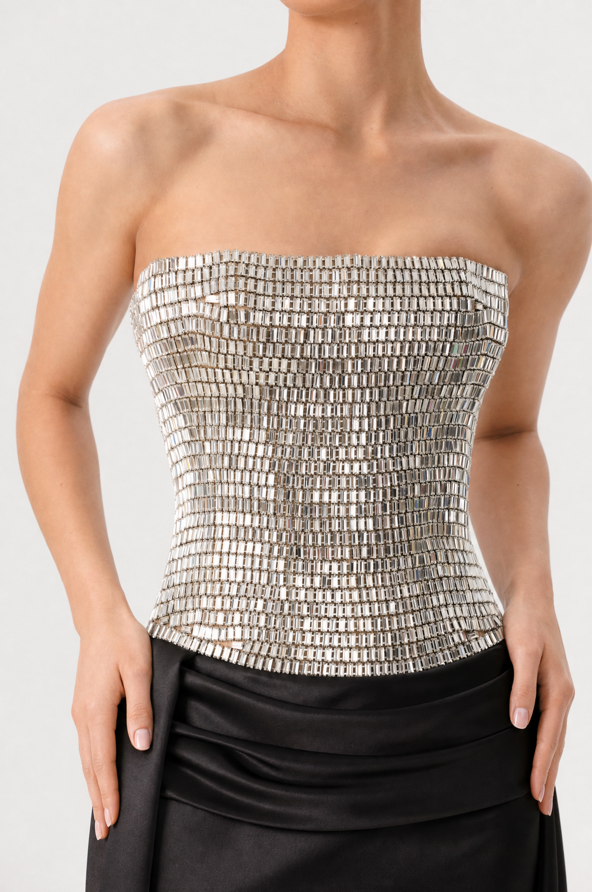 Crystal embellished corset satin gown with a train