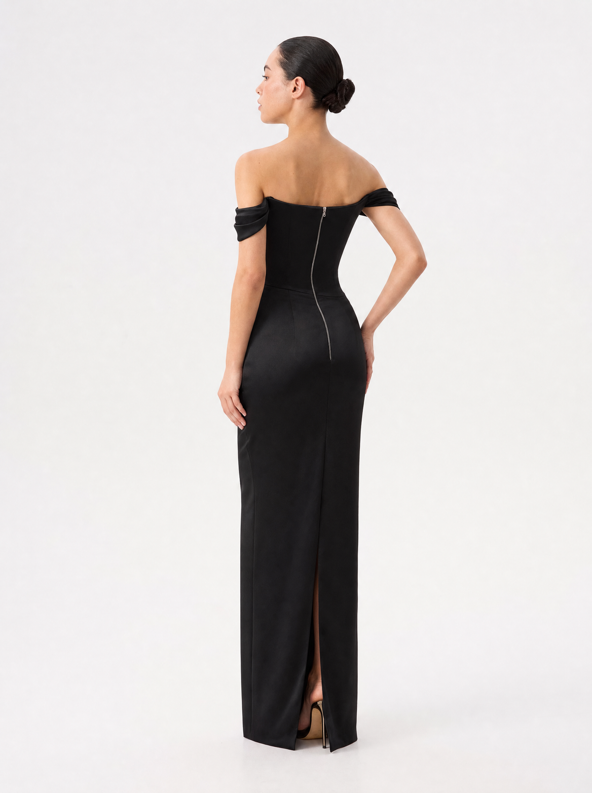 Off-the-shoulder draped corset satin gown