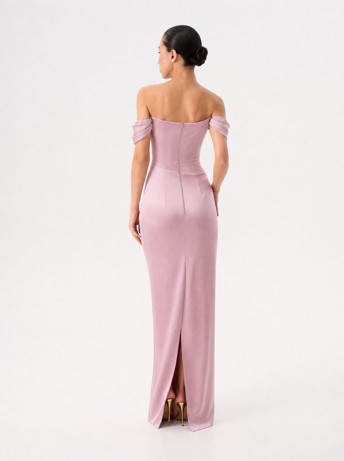 Off-the-shoulder draped corset satin gown