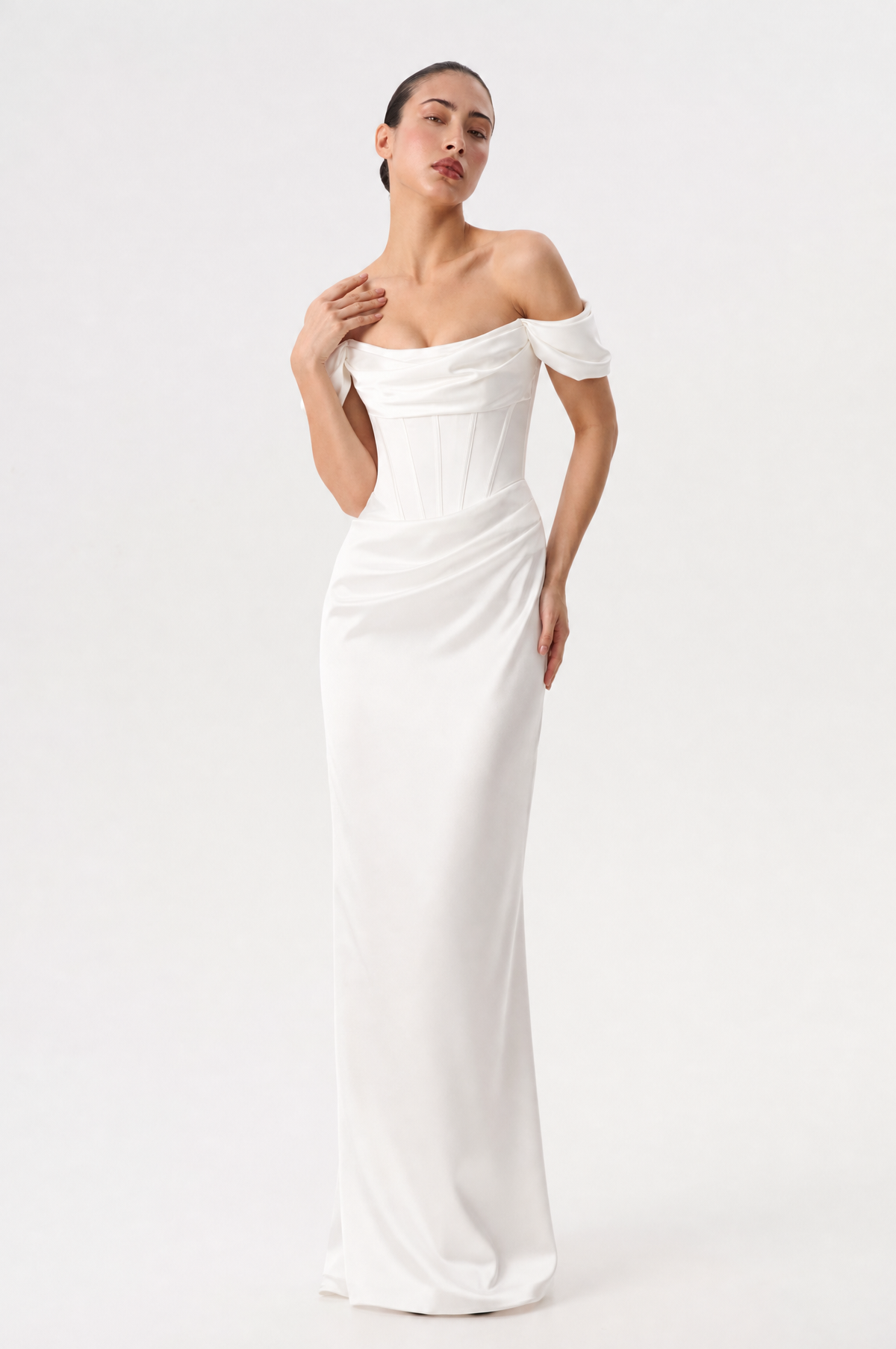 Off-the-shoulder draped corset satin gown