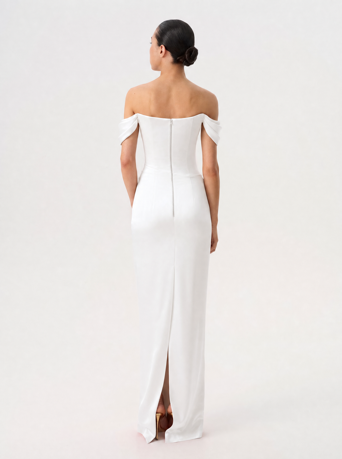 Off-the-shoulder draped corset satin gown