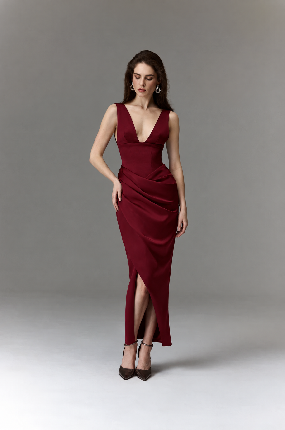 Satin long midi dress with a draped skirt