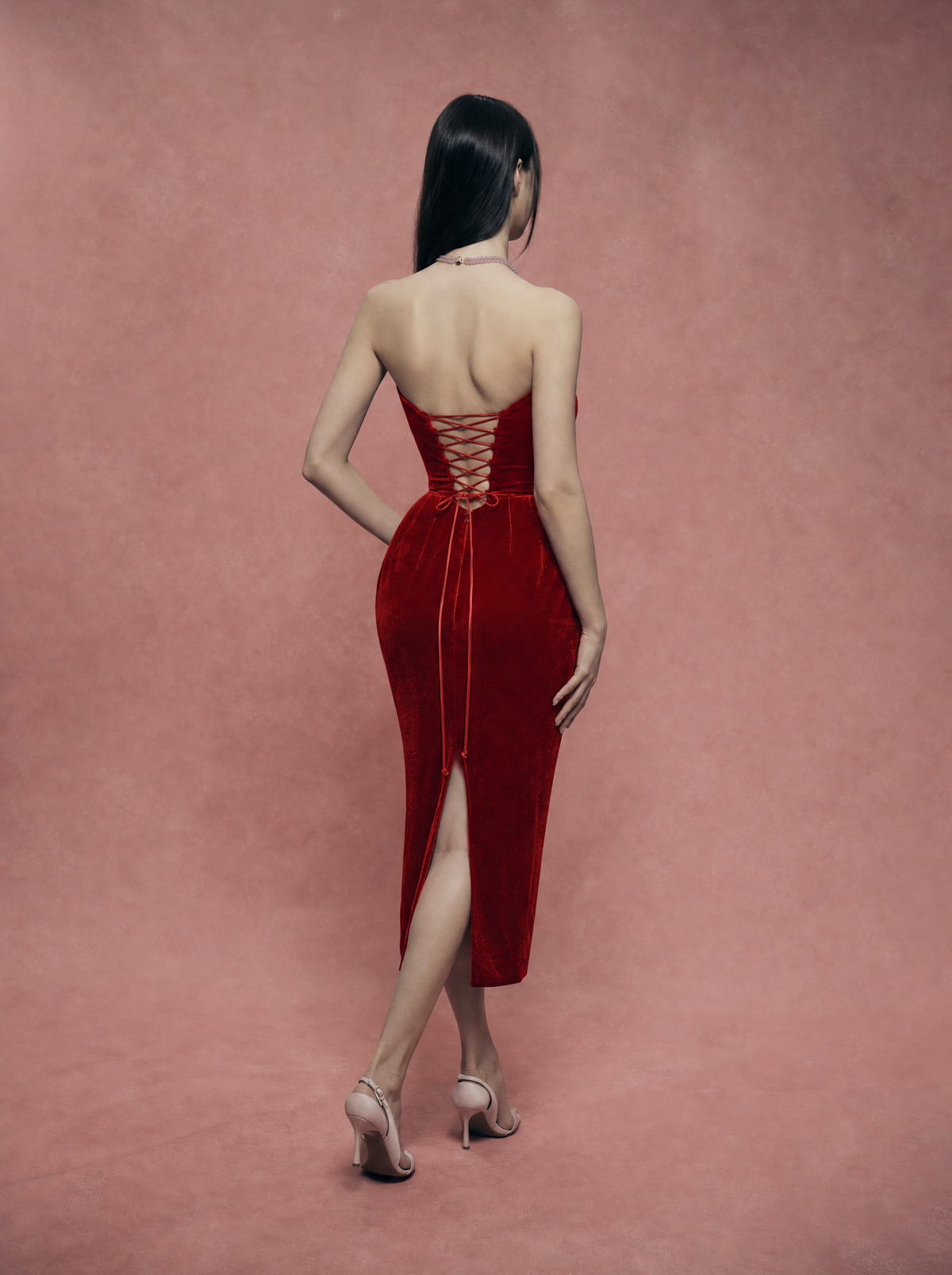 Velvet corset midi dress with lacing