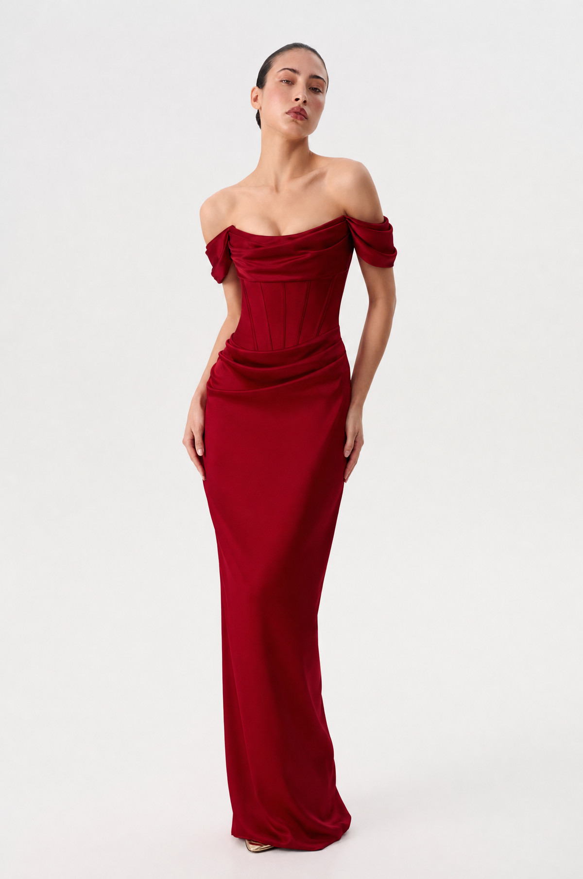 Off-the-shoulder draped corset satin gown