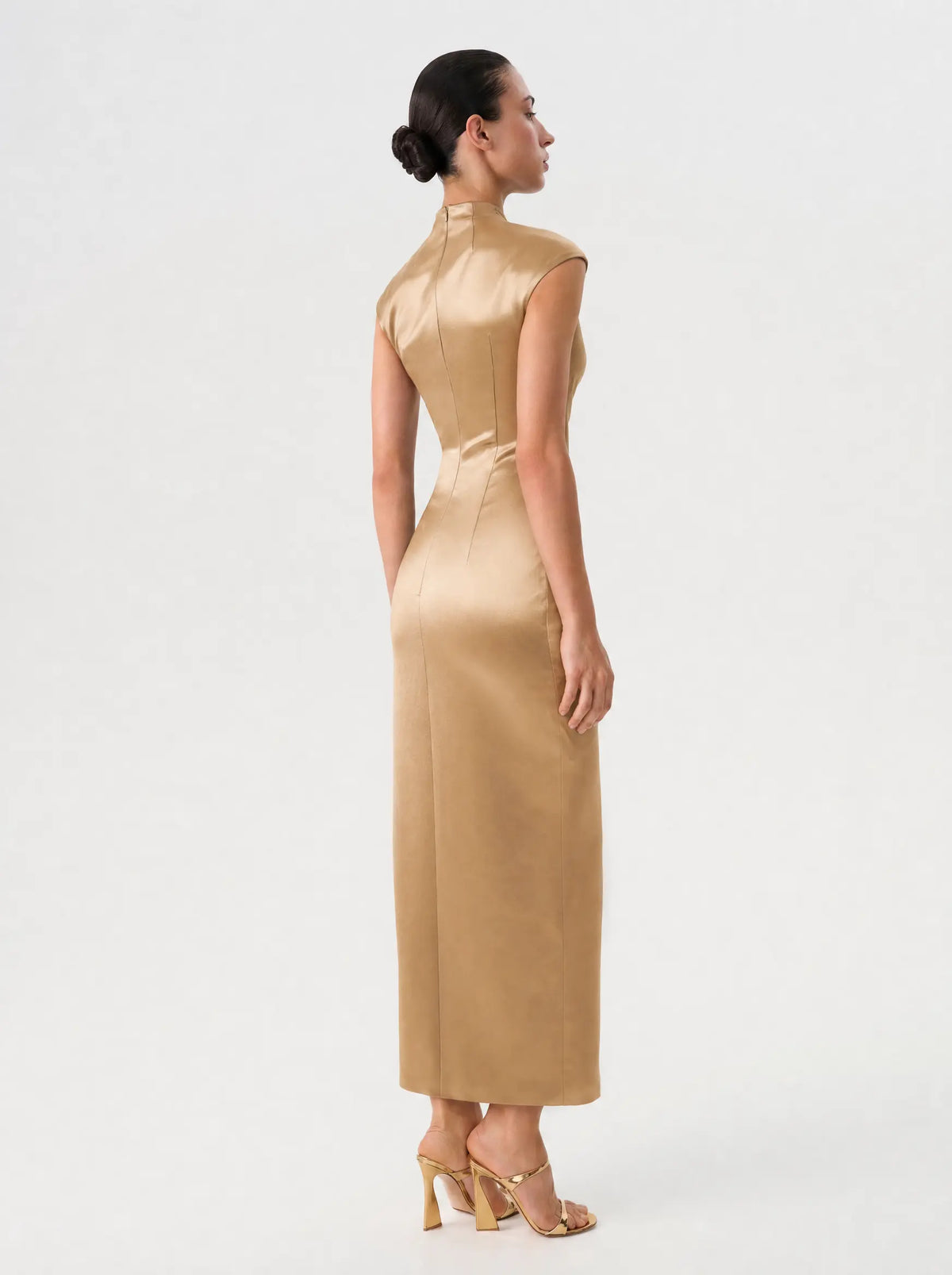 Button-embellished draped satin midi dress
