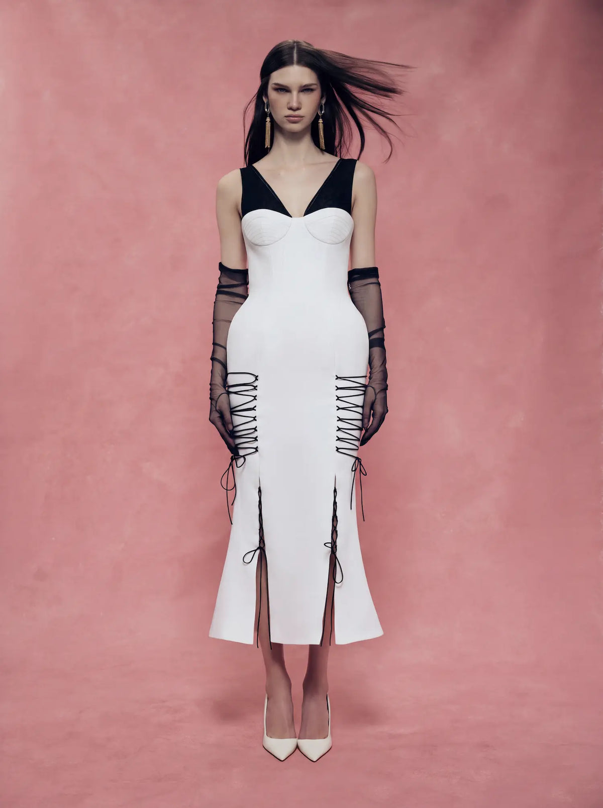 Crepe midi dress with a corset bodice and lace-up detailing