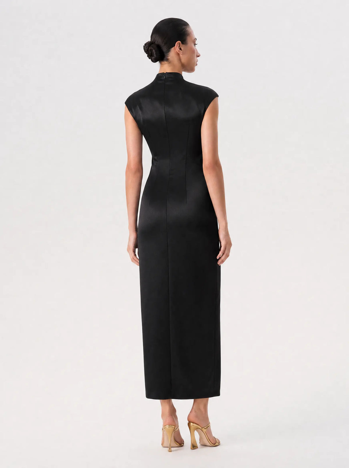 Button-embellished draped satin midi dress
