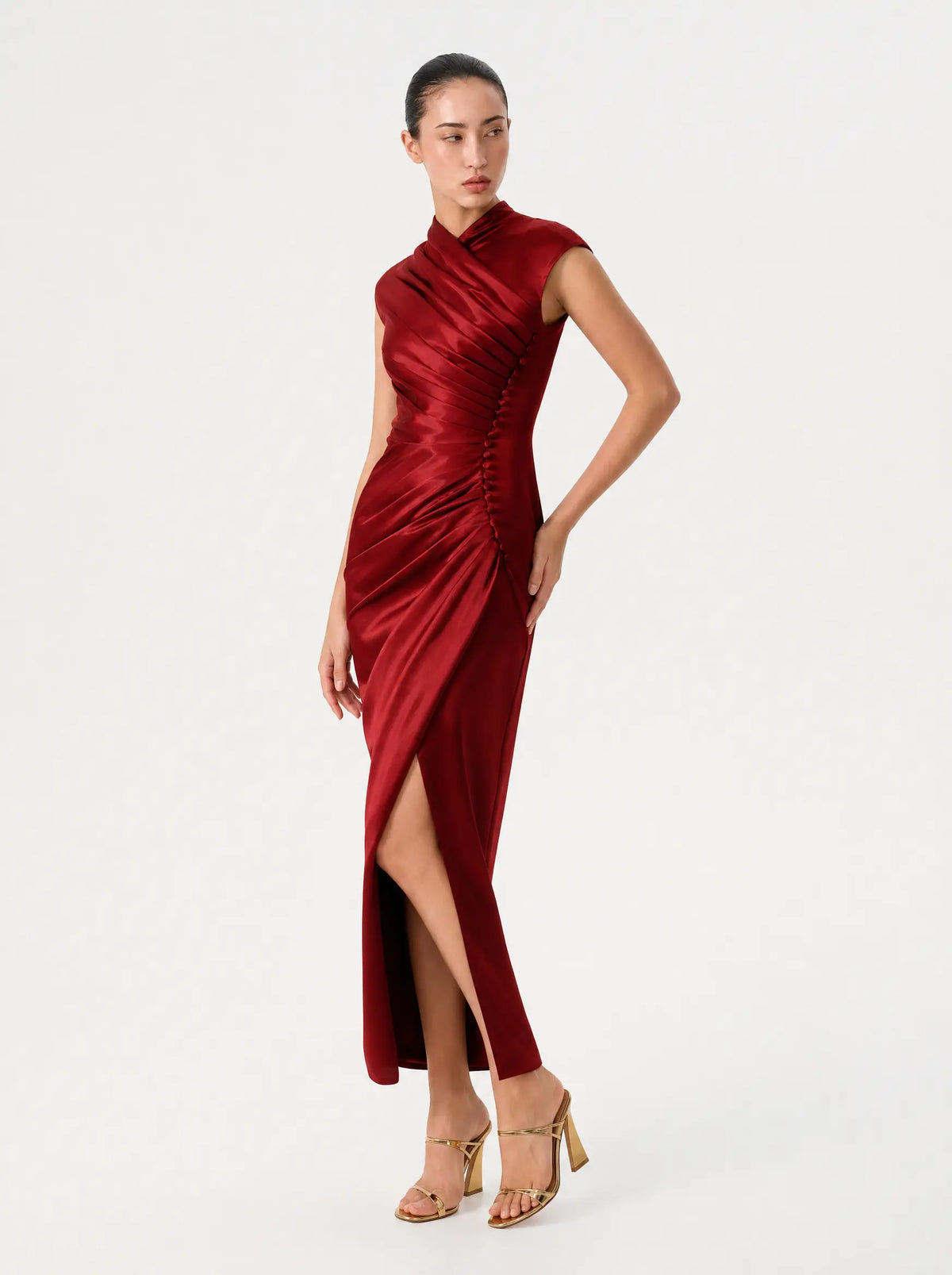 Button-embellished draped satin midi dress
