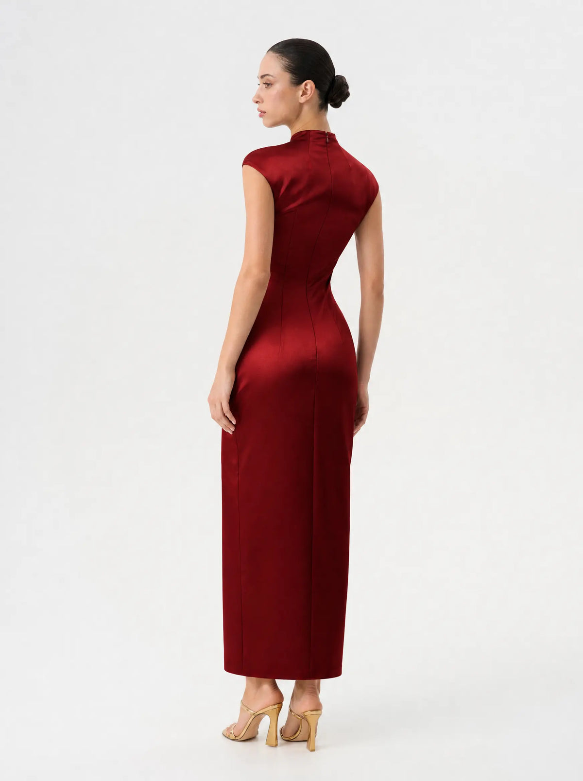 Button-embellished draped satin midi dress
