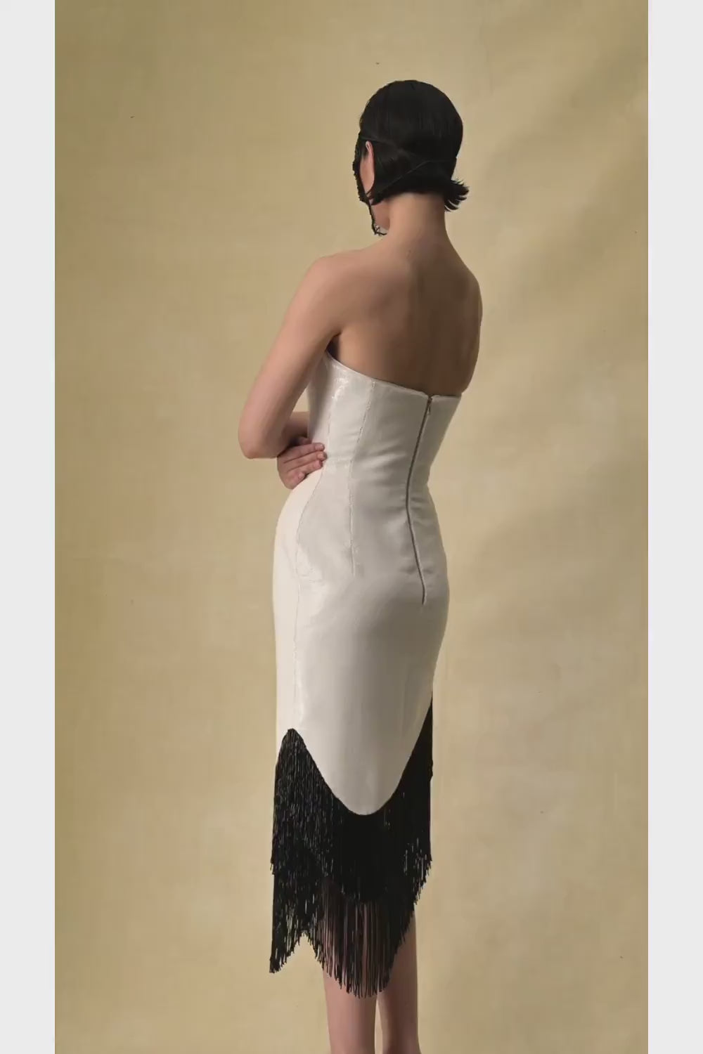 Sequin asymmetric midi dress with beaded fringe – Color: White/Black – RASARIO Online Boutique 46 (FR) / White/Black