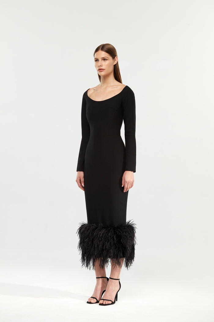 Сrepe long midi dress with fringe – Rasario