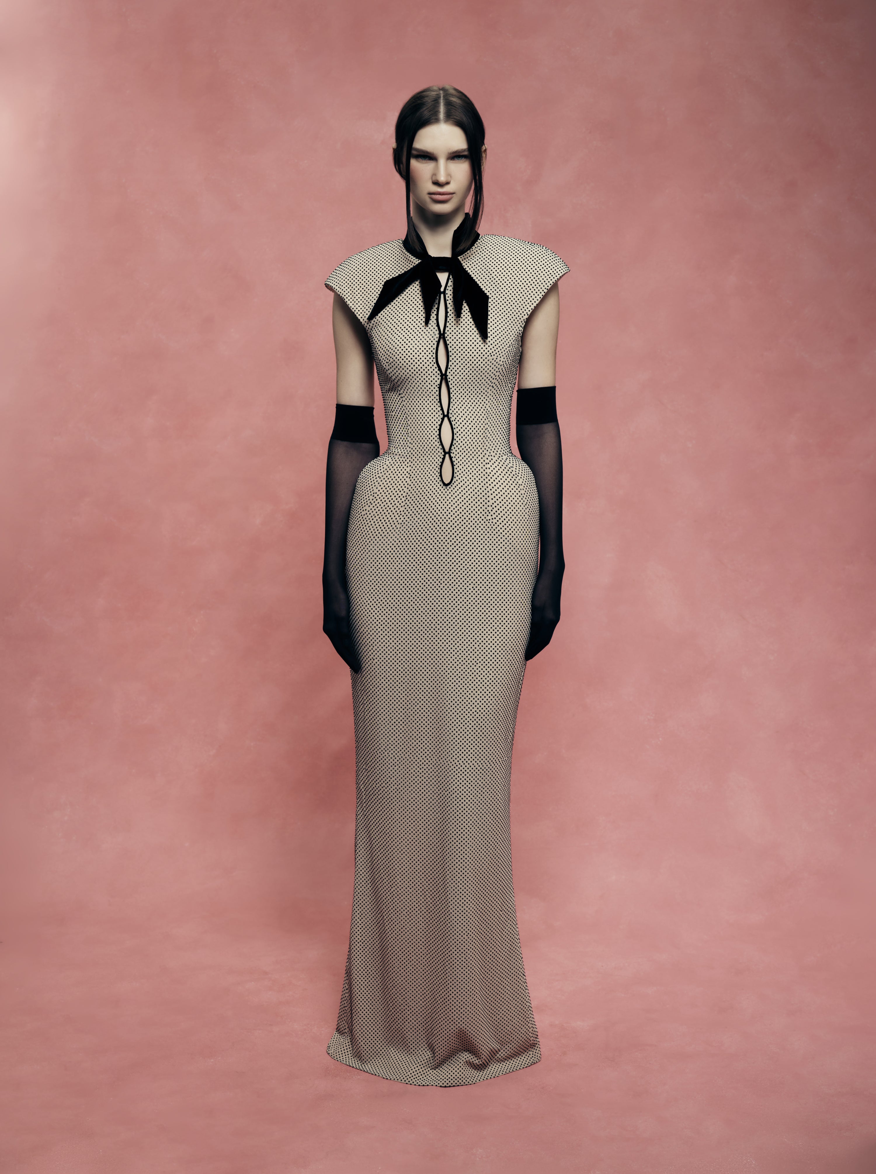 Crystal-Embellished Maxi Dress with Sculptural Pannier Panels