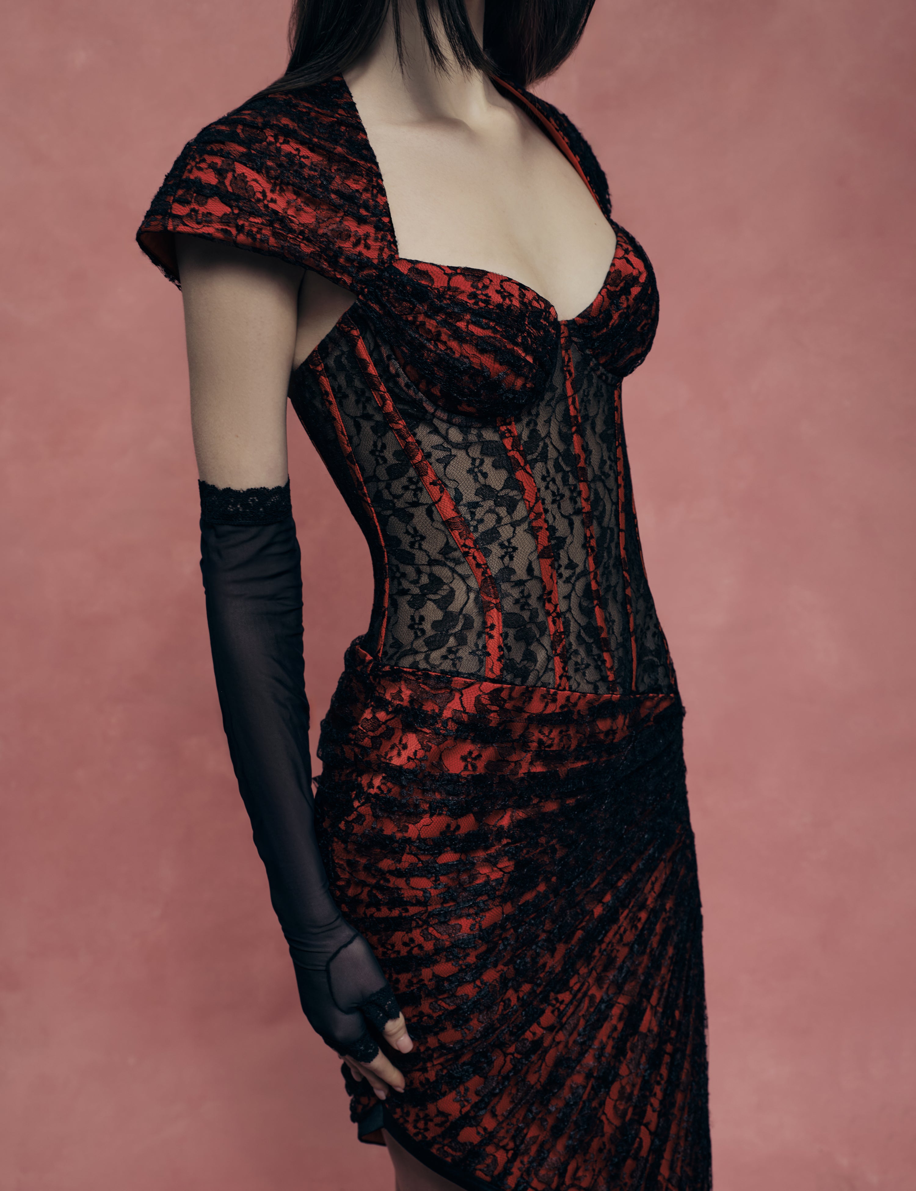 Lace midi dress with a shaped neckline