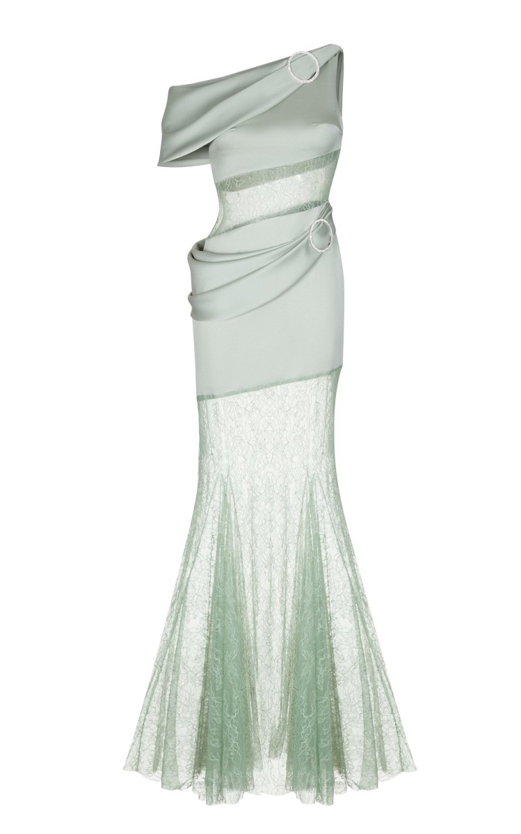 ASYMMETRIC BUCKLED LACE AND SATIN MAXI DRESS – Rasario