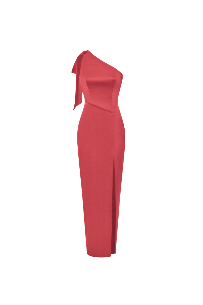 Assymetric satin maxi dress with bow and an open back – Rasario