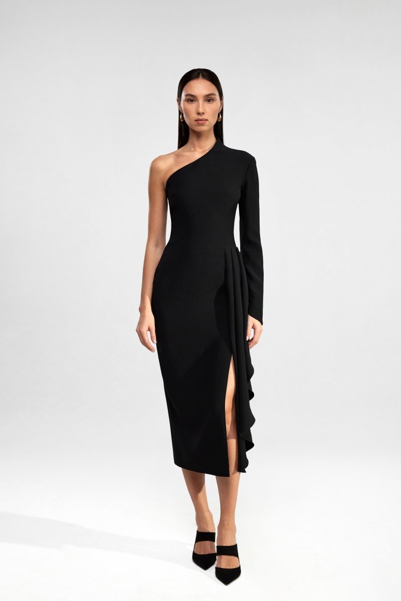 Asymmetric draped crepe midi dress – Rasario
