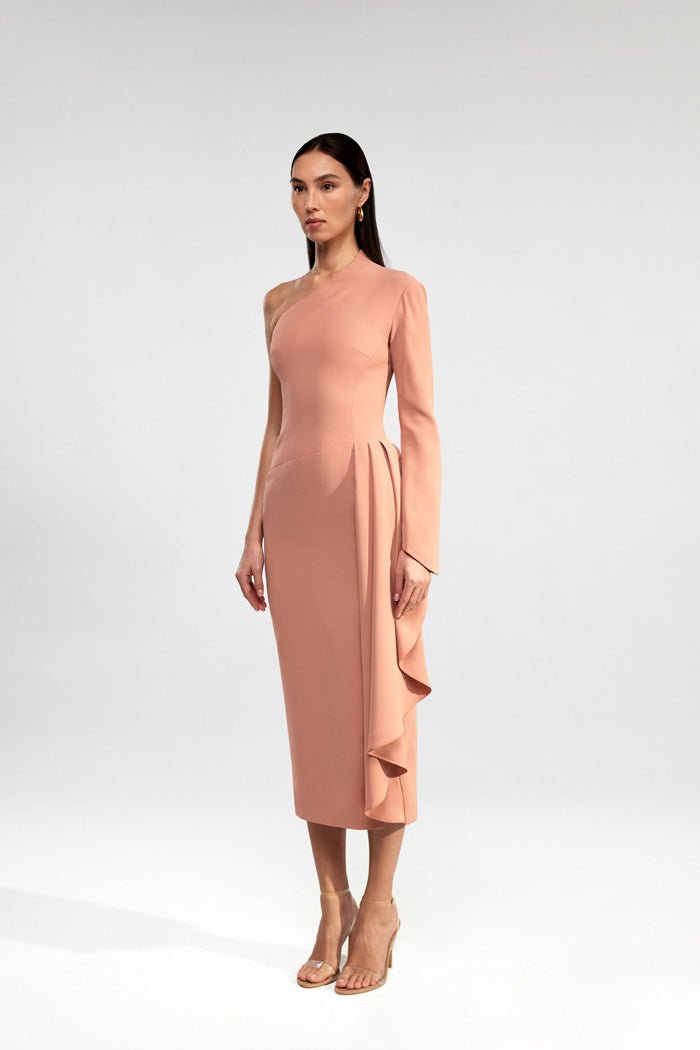 Asymmetric draped crepe midi dress – Rasario