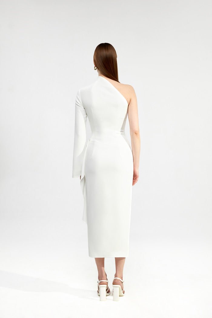 Asymmetric draped crepe midi dress – Rasario