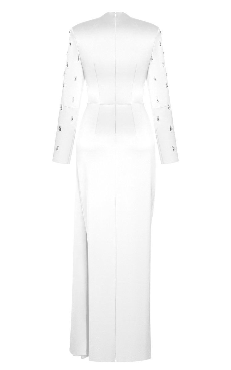 Asymmetric draped satin gown with embroidered sleeves – Rasario