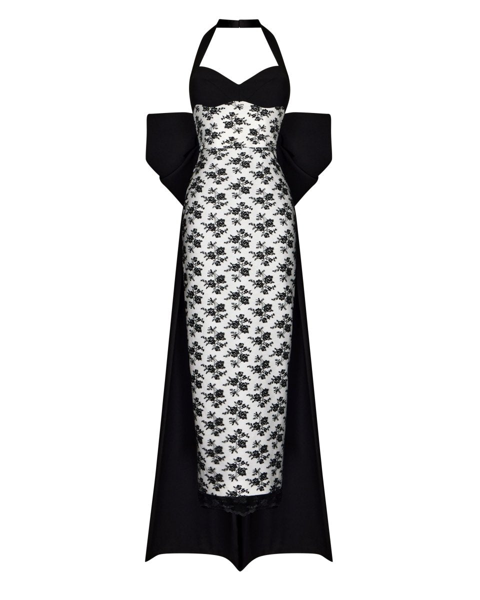 Bow-embellished crepe and lace maxi dress – Rasario