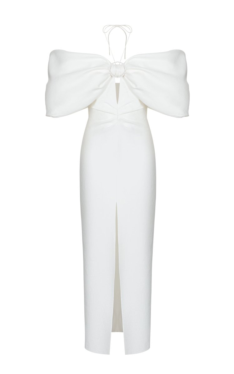 Bow-embellished draped linen corset midi dress with buckle – Rasario