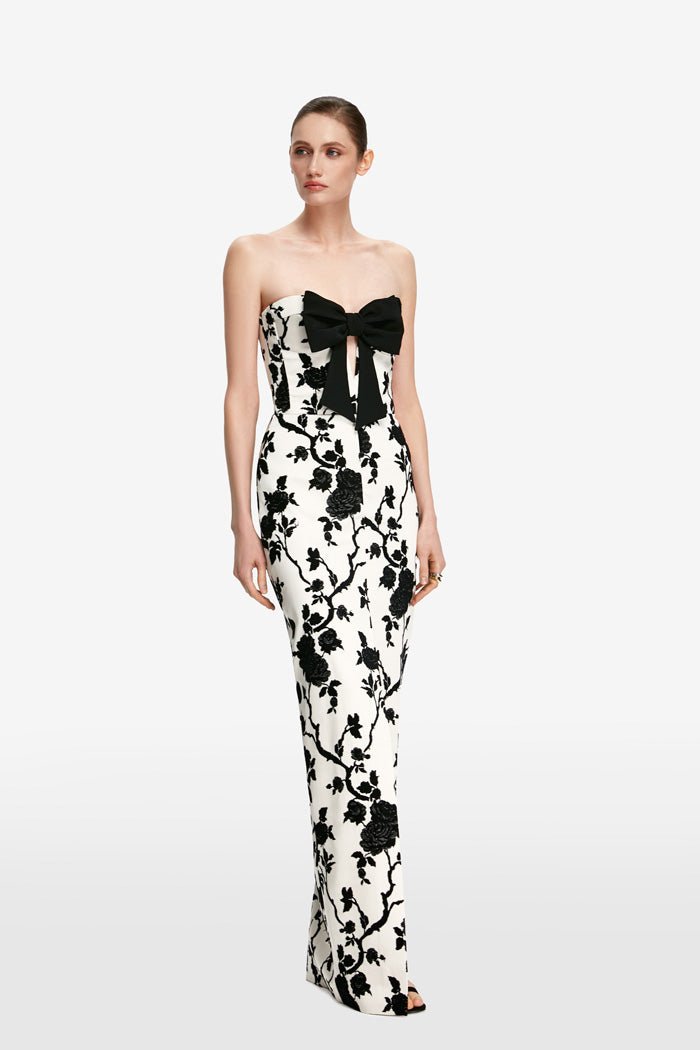 Bow-embellished floral jacquard maxi dress with cutouts – Rasario