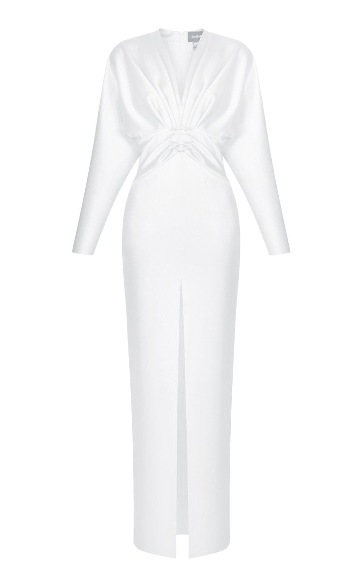 Buckled and draped satin maxi dress – Rasario