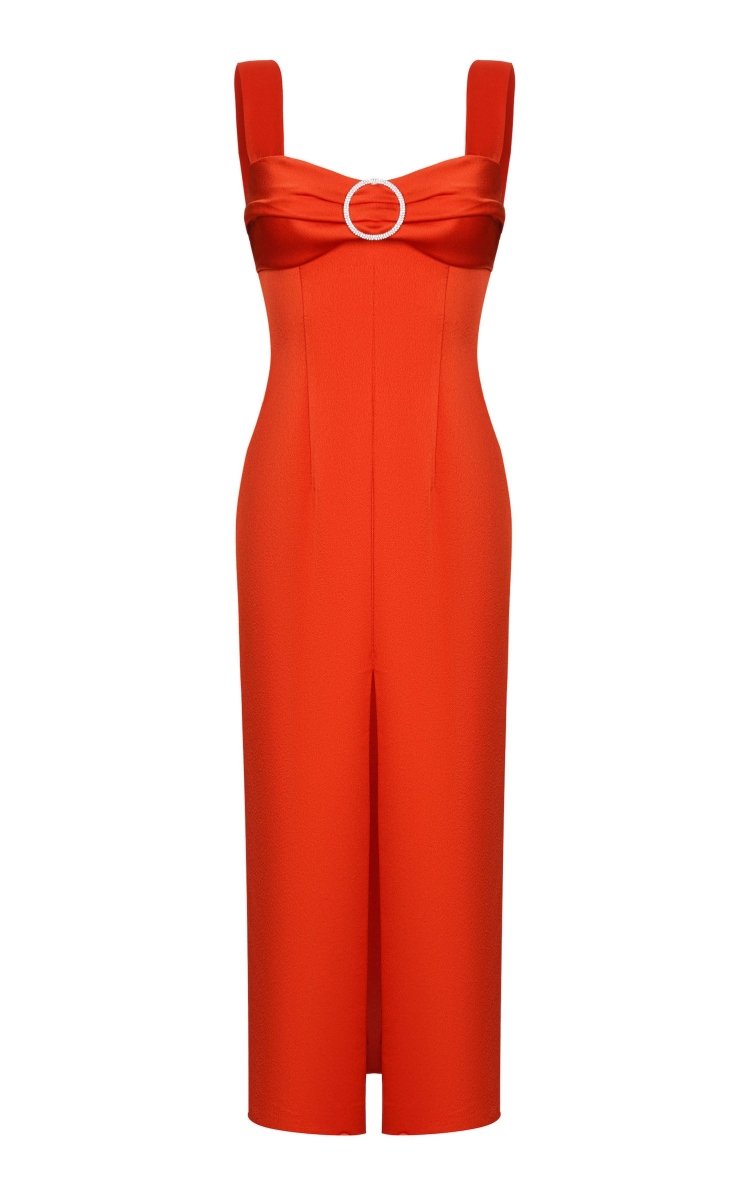 Buckled and draped satin midi dress – Rasario