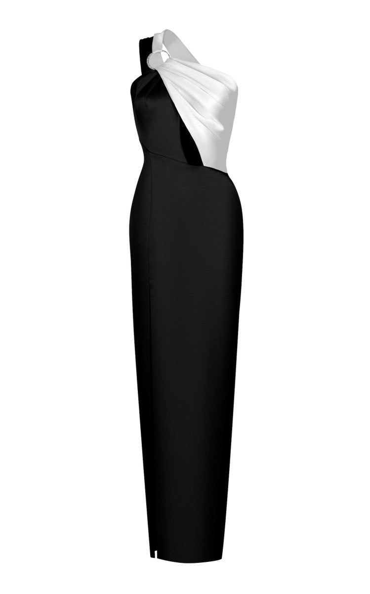 CUTOUT ASYMMETRIC DRAPED SATIN GOWN WITH RING – Rasario
