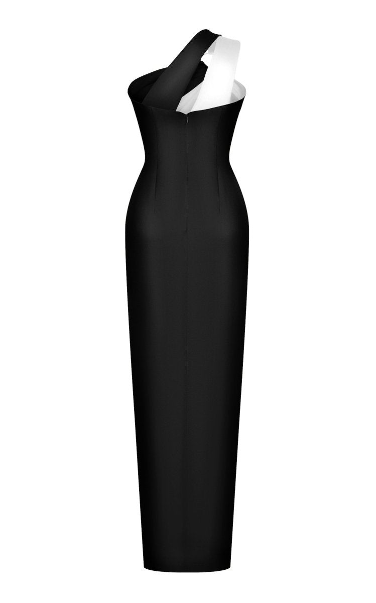 CUTOUT ASYMMETRIC DRAPED SATIN GOWN WITH RING – Rasario