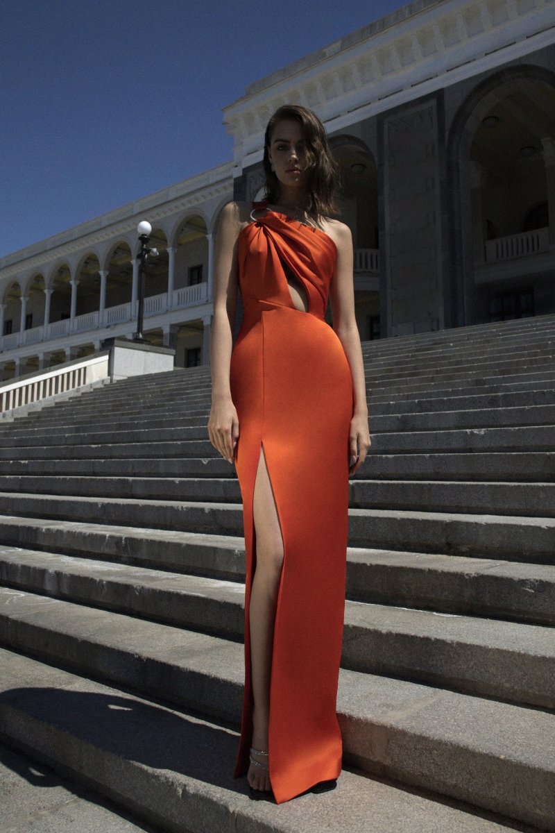 CUTOUT ASYMMETRIC DRAPED SATIN GOWN WITH RING – Rasario