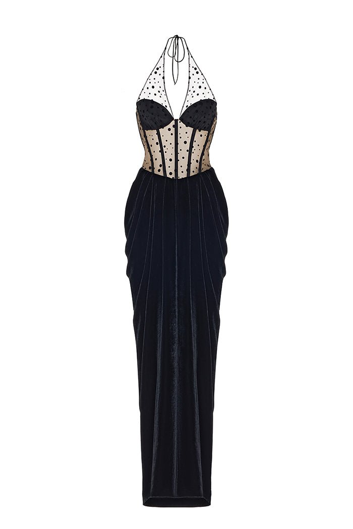 Corset velvet and polka-dot mesh draped maxi dress – Rasario