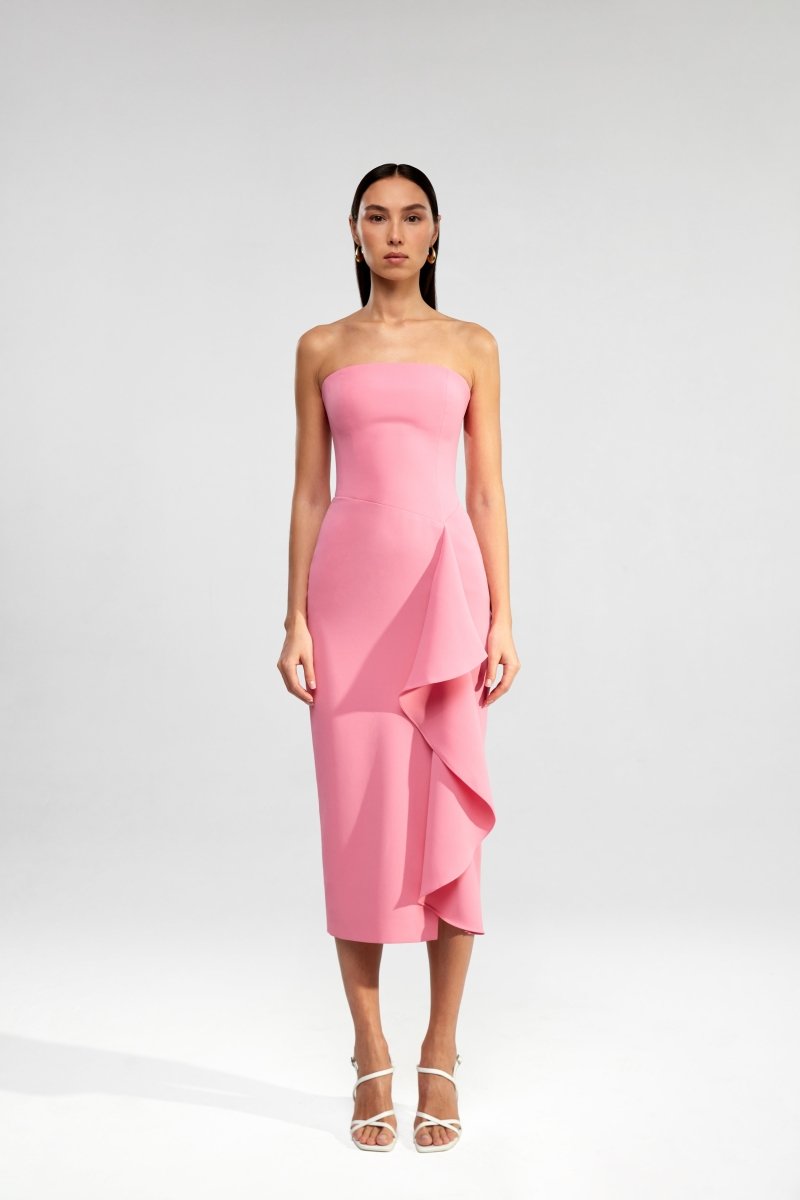 Crepe midi dress with ruffle – Rasario