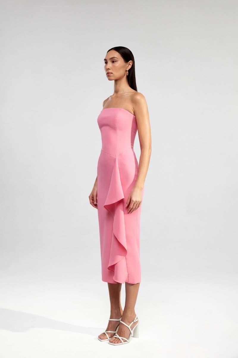 Crepe midi dress with ruffle – Rasario