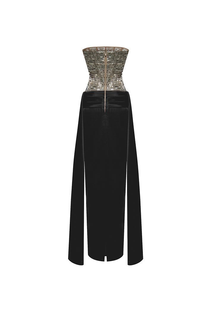 Crystal embellished corset satin gown with a train – Rasario