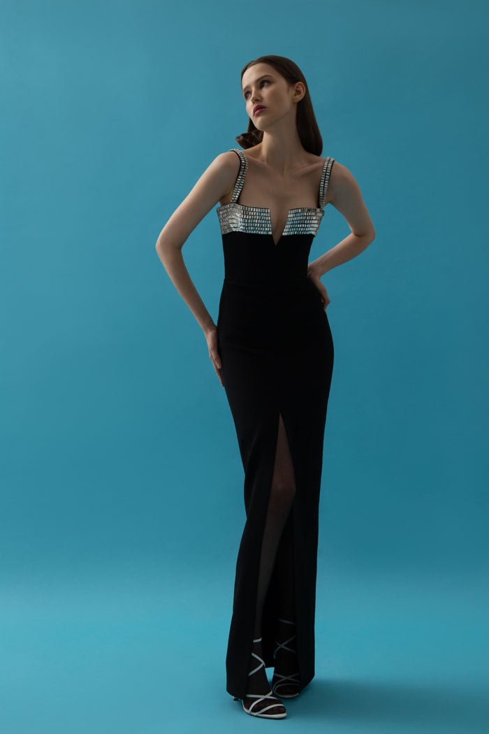 Crystal embellished crepe maxi dress with a slit – Rasario