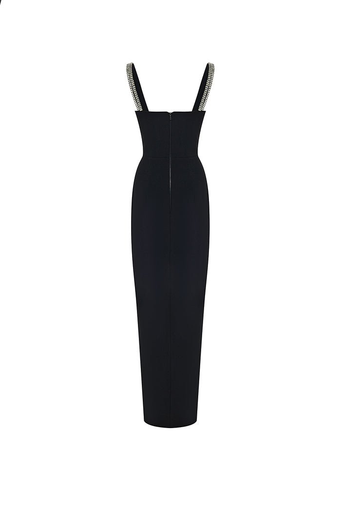 Crystal embellished crepe maxi dress with a slit – Rasario