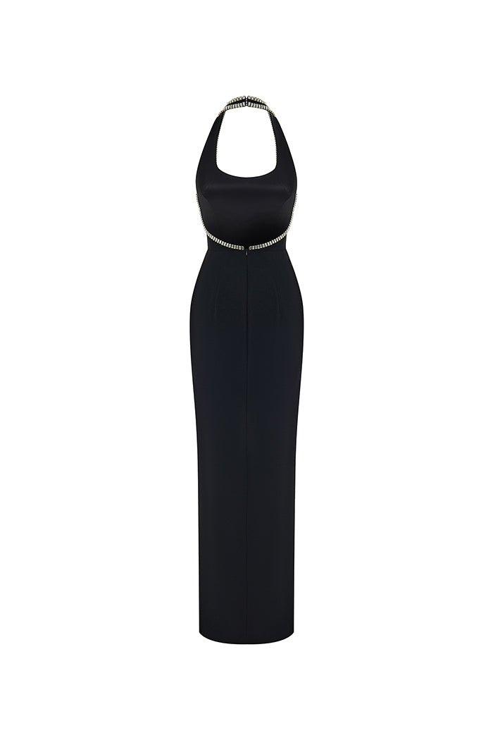 Crystal embellished crepe maxi dress with a slit – Rasario