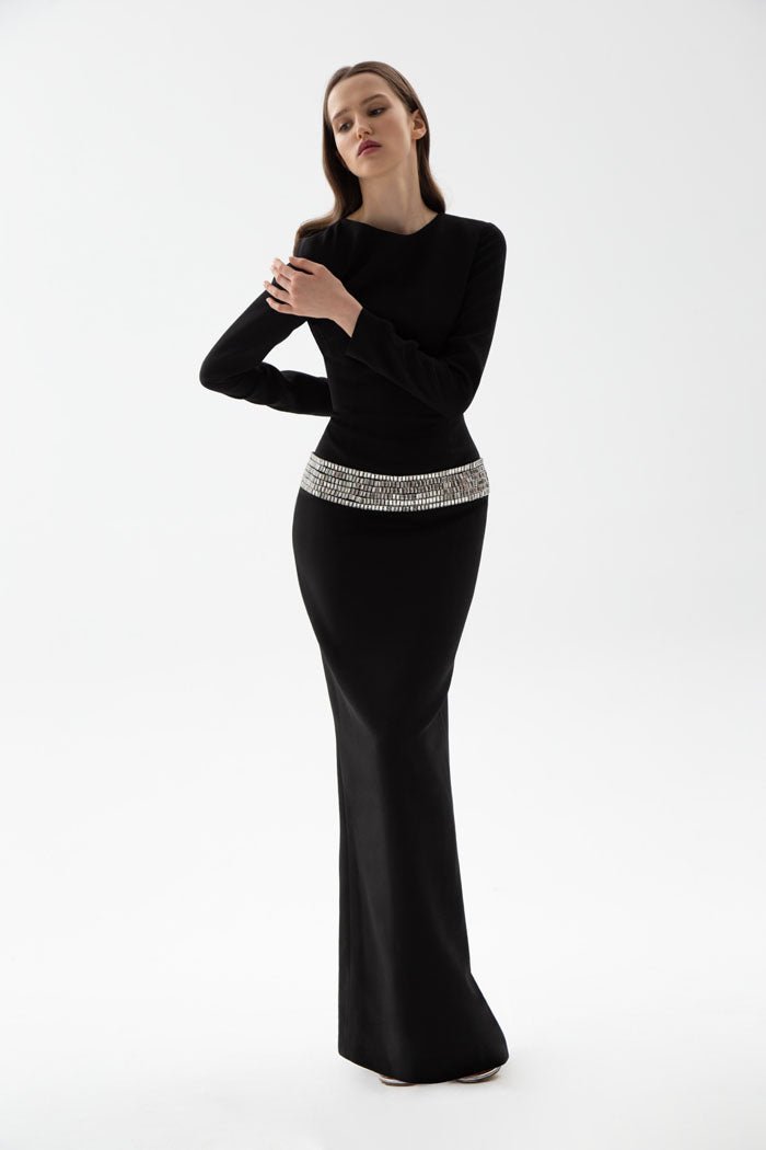 Crystal embellished crepe maxi dress with an opened back – Rasario