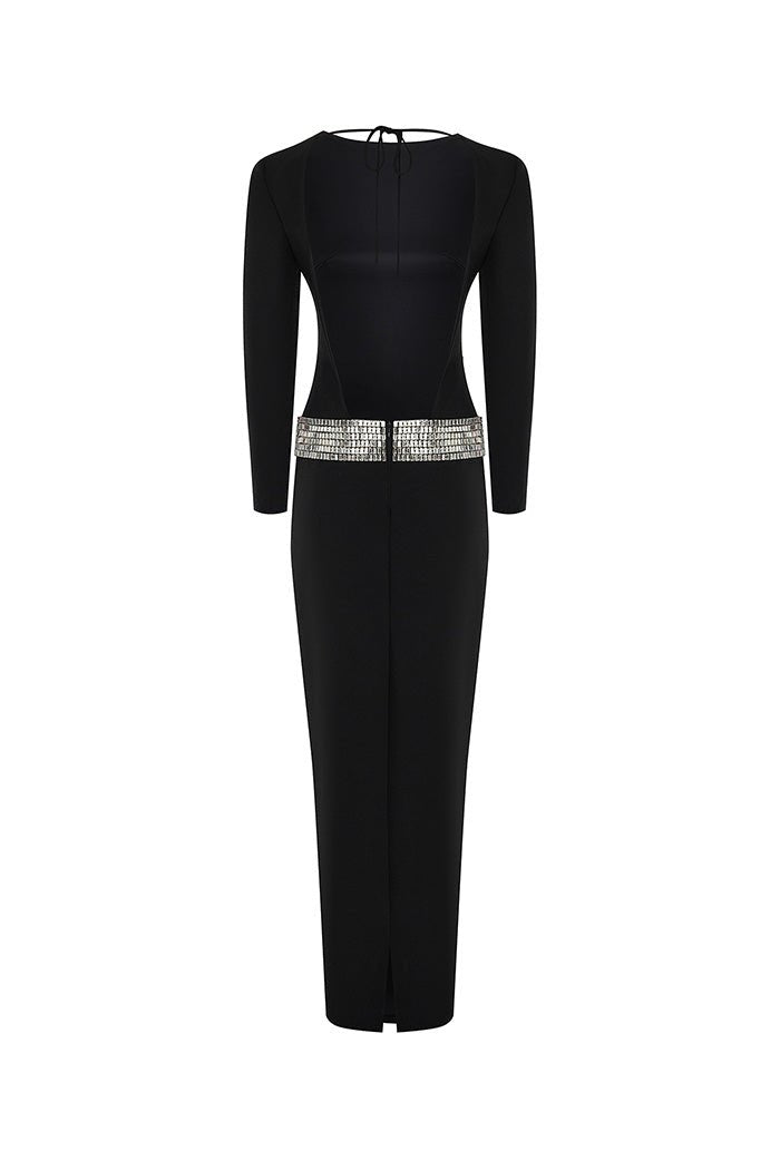Crystal embellished crepe maxi dress with an opened back – Rasario