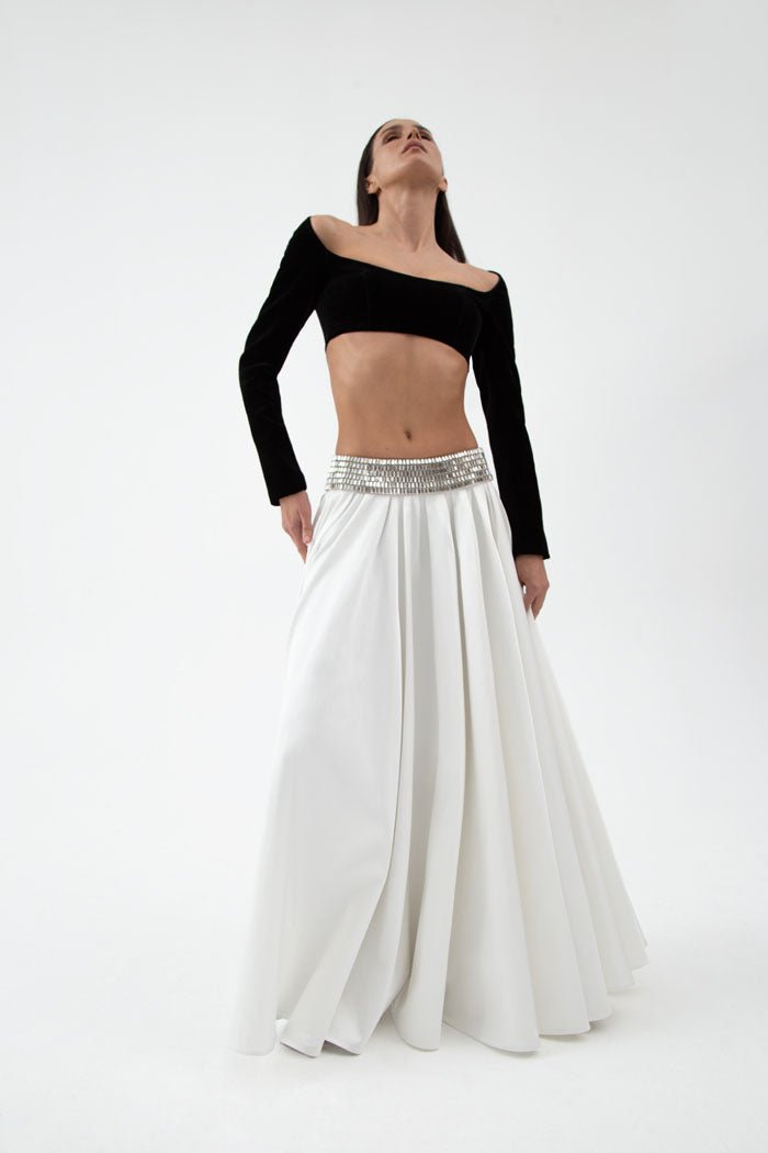 Crystal embellished satin maxi skirt – Rasario