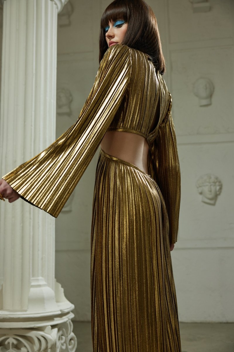 Cutout pleated maxi dress with long sleeves – Rasario
