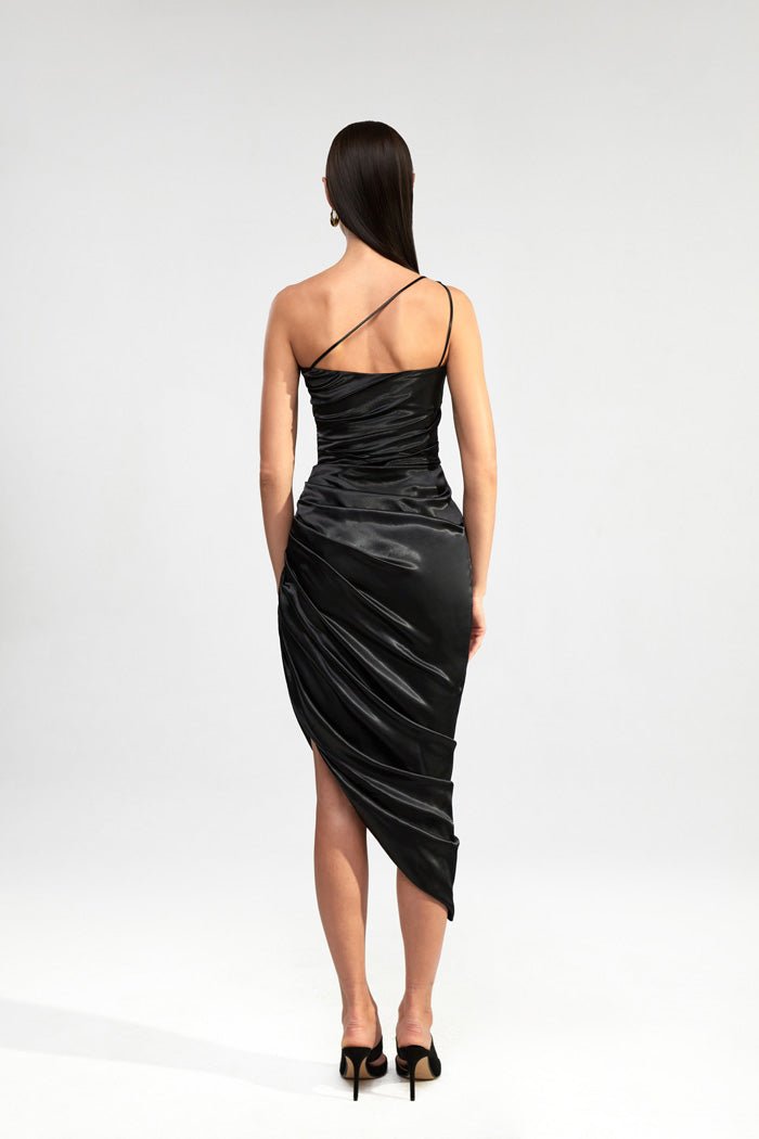 Draped assymetric satin midi dress – Rasario