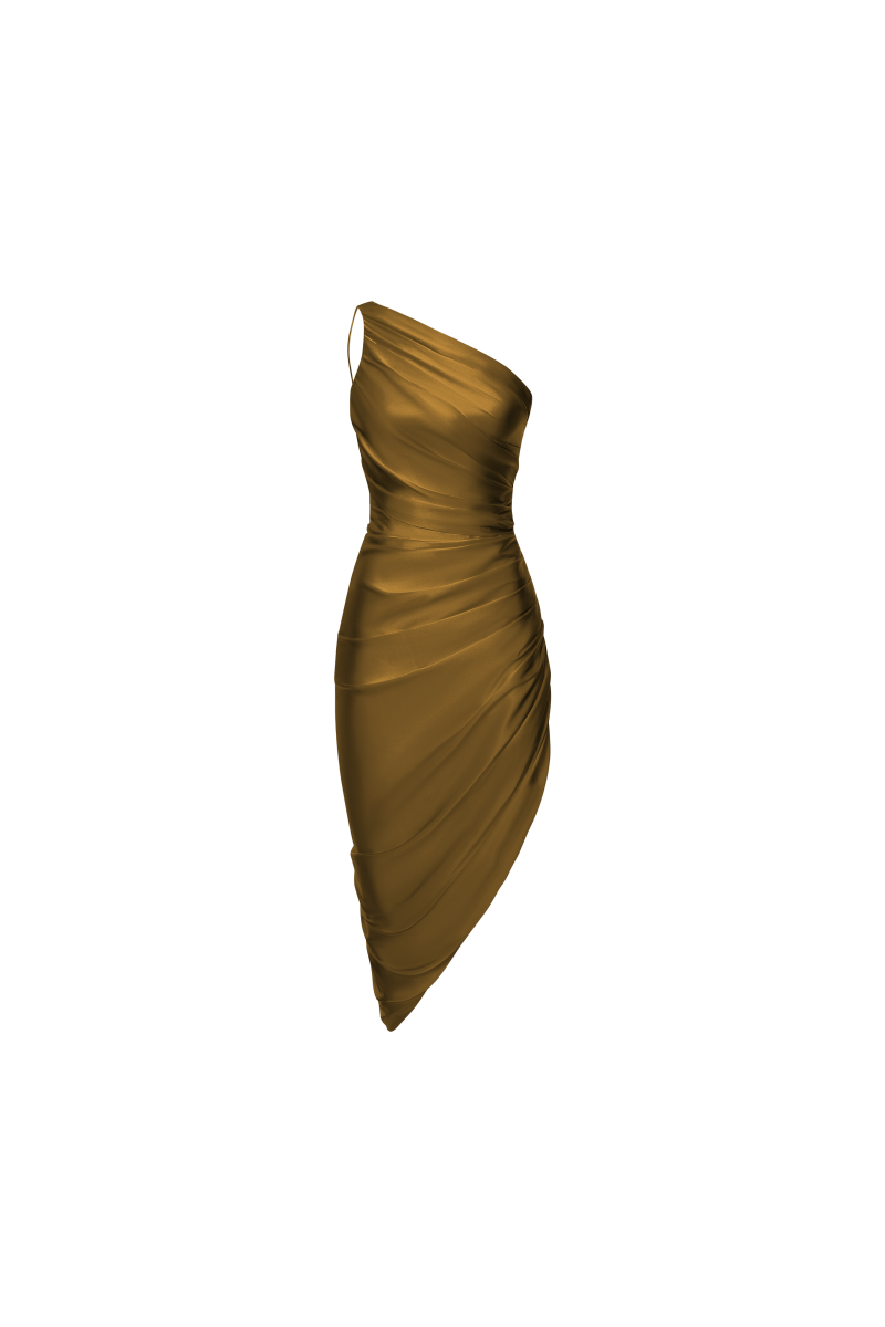 Draped assymetric satin midi dress – Rasario